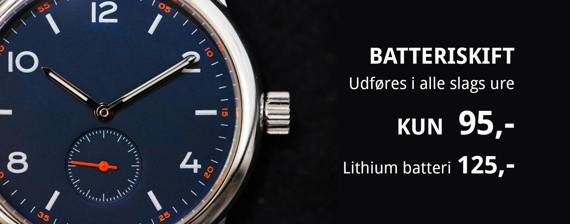 Batteriskift tilbud med pris og information om lithiumbatteri på en ur med blå urskive.