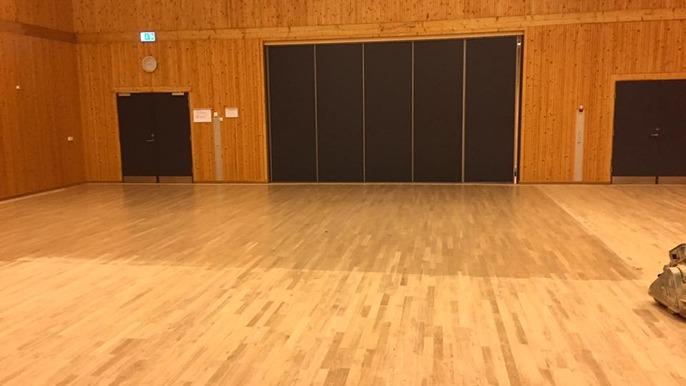 En stor, tom sal med lyst trægulv og vægge i træ, samt lukkede døre i baggrunden.