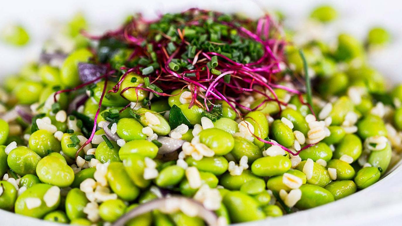 En farverig salat med grønne bønner, perlespelt og friske krydderurter på toppen.