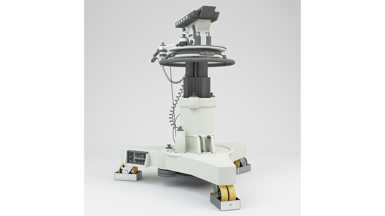 En avanceret medicinsk robot med hjul og en roterende arm, designet til præcise operationer.