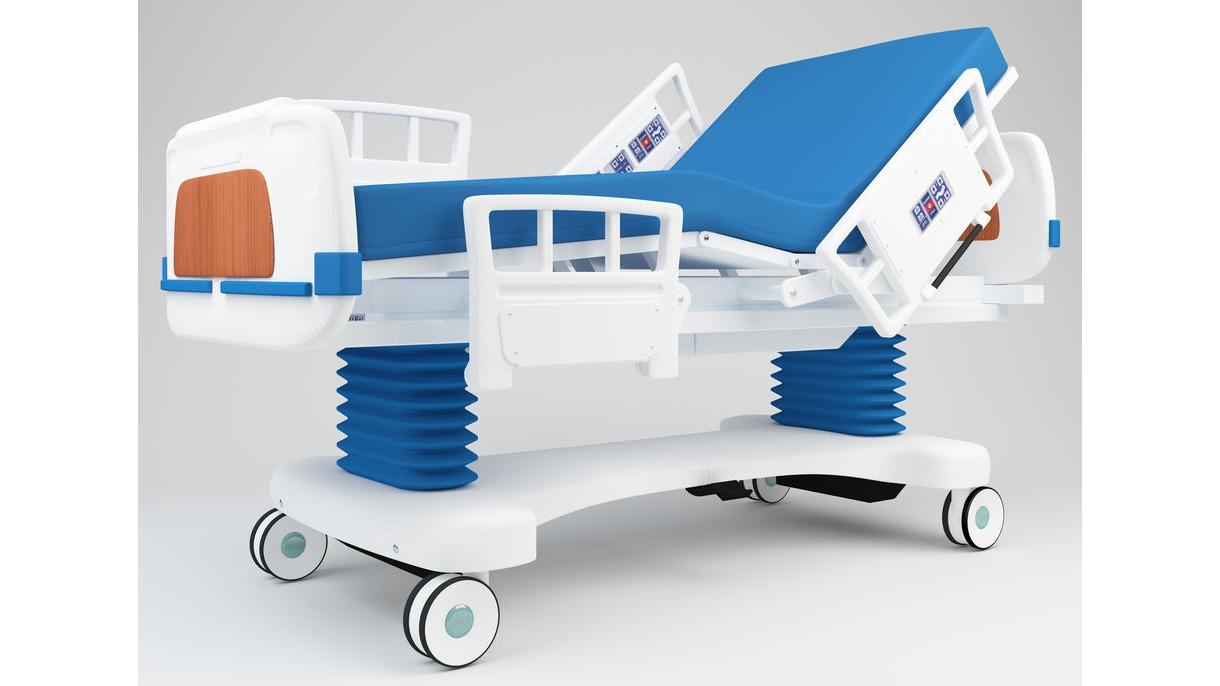 Seng med justerbar hoved- og fodende, designet til hospitalsbrug med hjul til nem transport.
