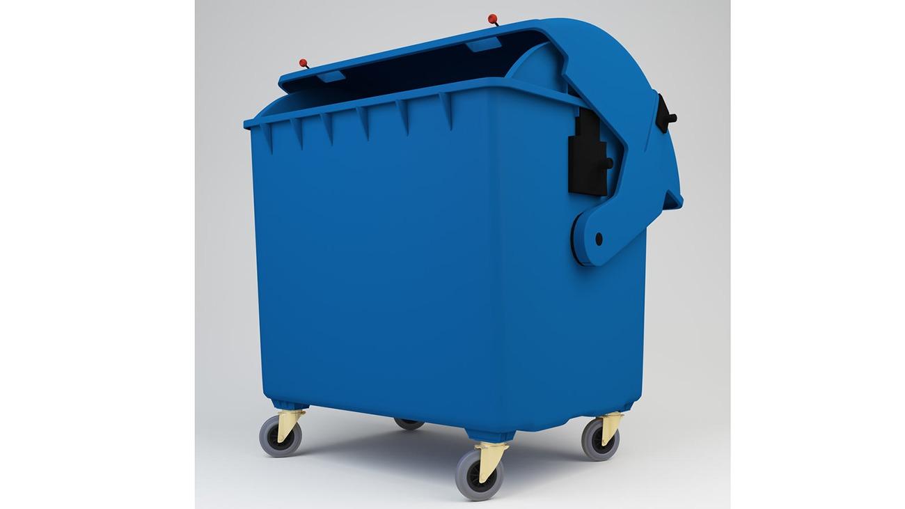 Blå affaldscontainer med hjul og låg, ideel til affaldshåndtering og genbrug.