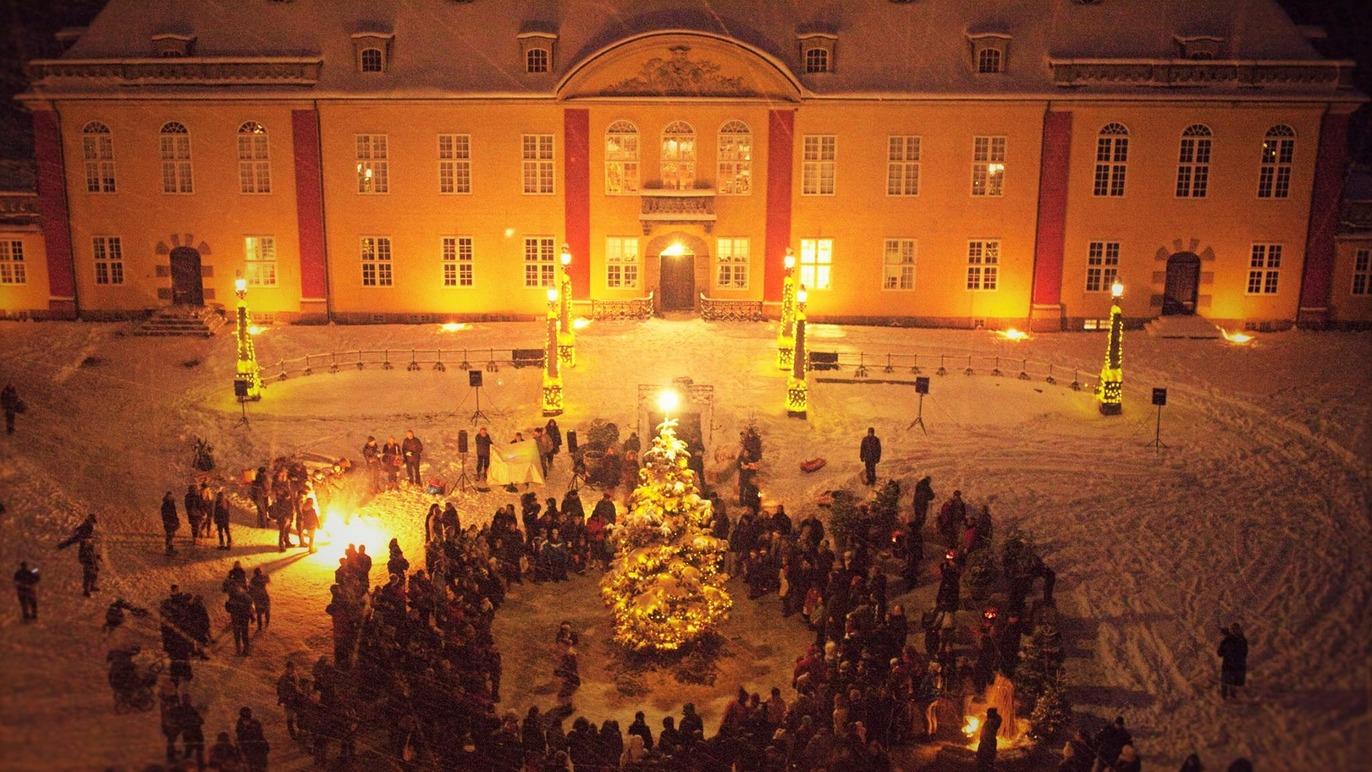 En stor juletræ med lys står i sneen foran en smuk bygning, hvor folk samles til en festlig fejring.