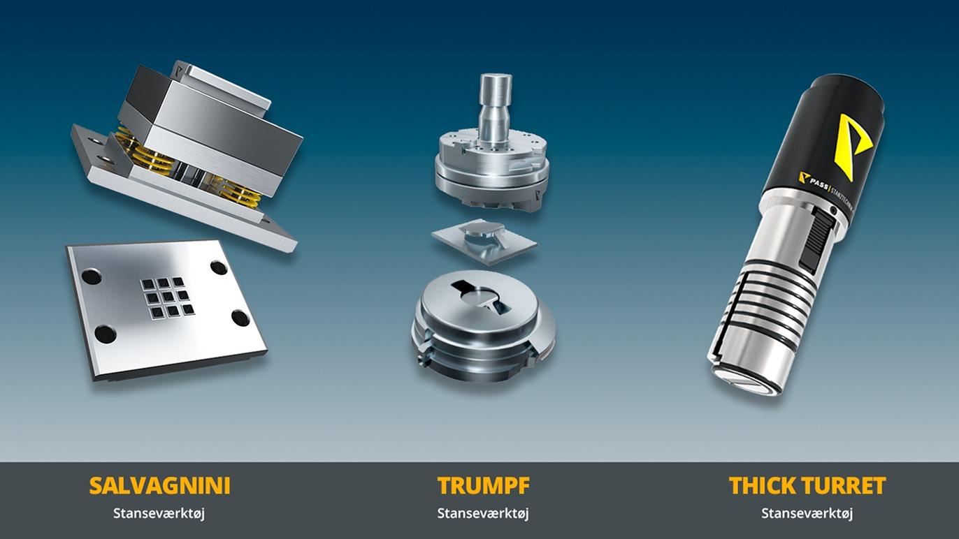Billede af forskellige metalbearbejdningsværktøjer: Salvagnini, Trumpf og Thick Turret med detaljerede designs.