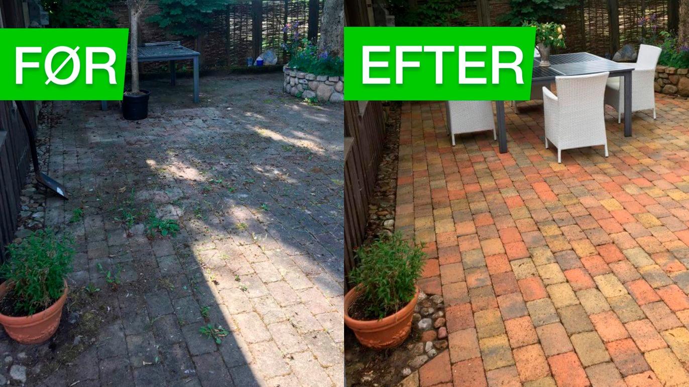 Før og efter billede af en renoveret terrasse med fliser, borde og stole i en have.