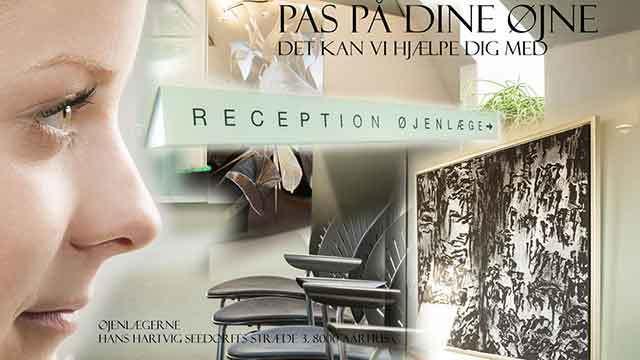 En reklame for øjenpleje med fokus på receptionen og en kvindes ansigt i nærbillede.