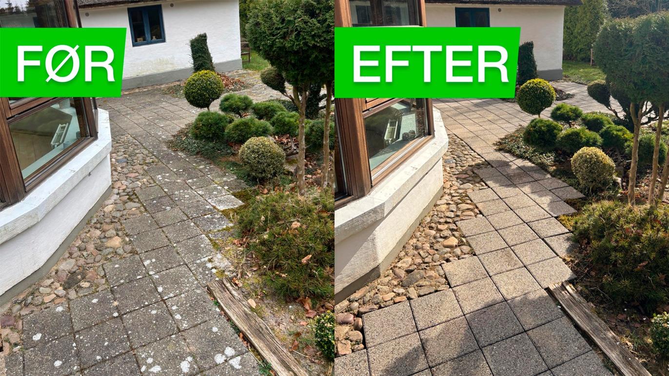 Før-efter billede af en have med fliser, buske og græs, der viser forbedringer i landskabspleje.
