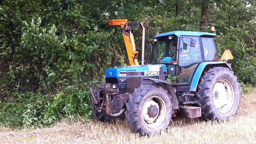 En blå traktor med orange redskab arbejder i en mark ved en skovkant.