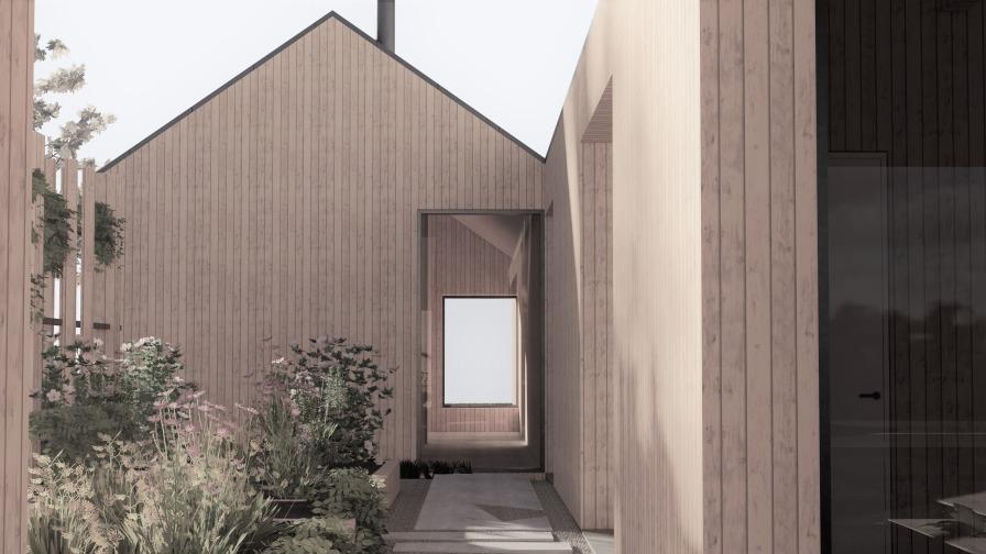Moderne hus med træbeklædning og en gårdhave, omgivet af planter og en sti, der fører til indgangen.