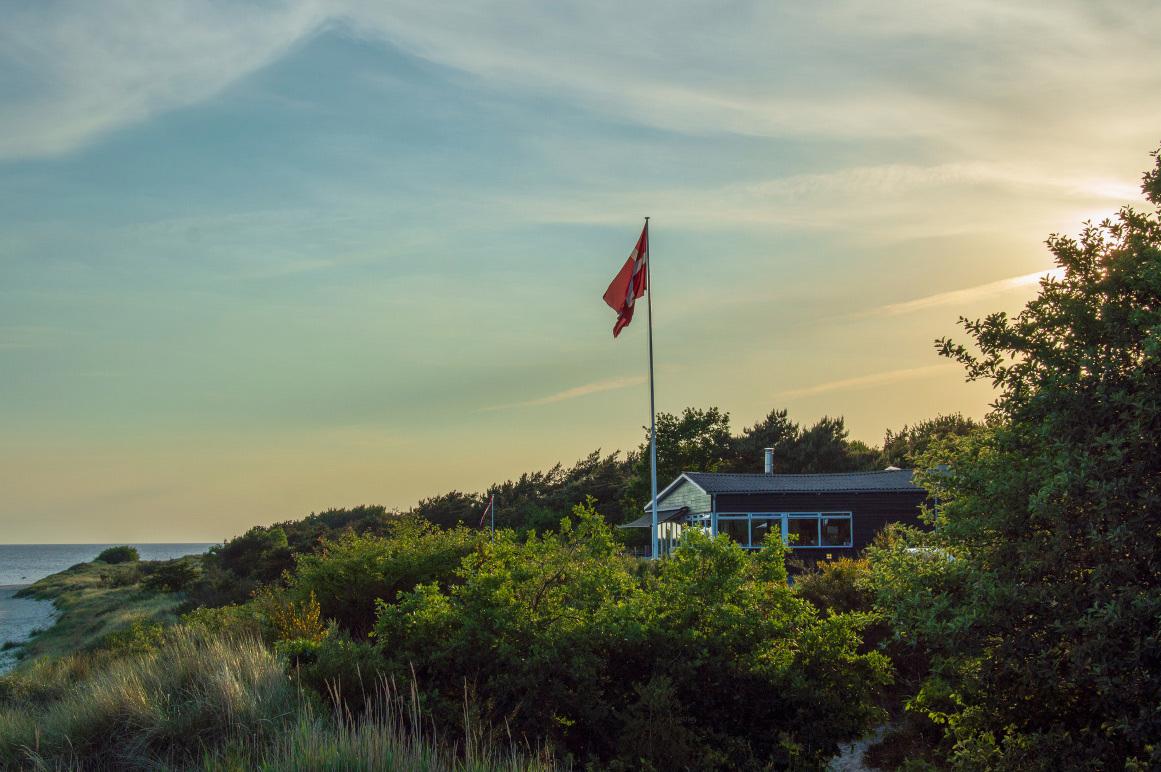 En strandhytte med dansk flag ved kysten, omgivet af grønne buske og en smuk solnedgang.