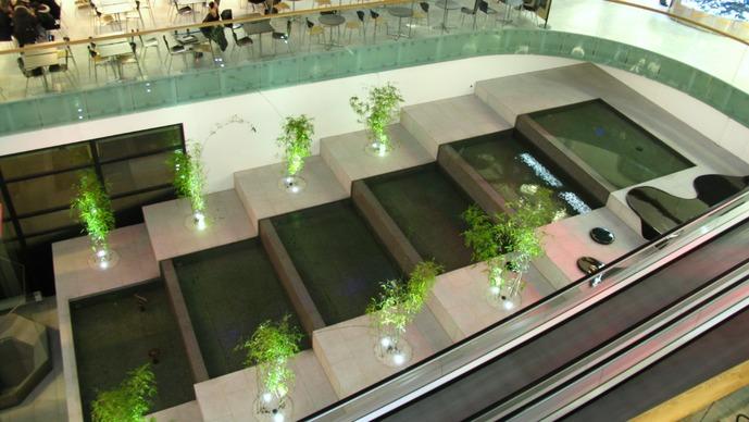 En moderne indendørs vandinstallation med planter og belysning i et shoppingcenter.