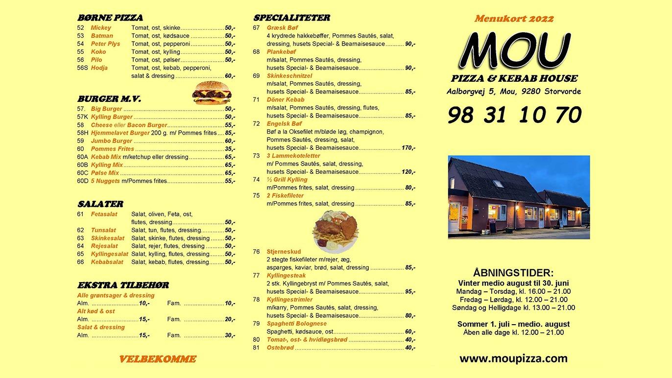 Menu fra MOU Pizza & Kebab House med retter som pizza, salater og snacks, samt priser og kontaktinformation.