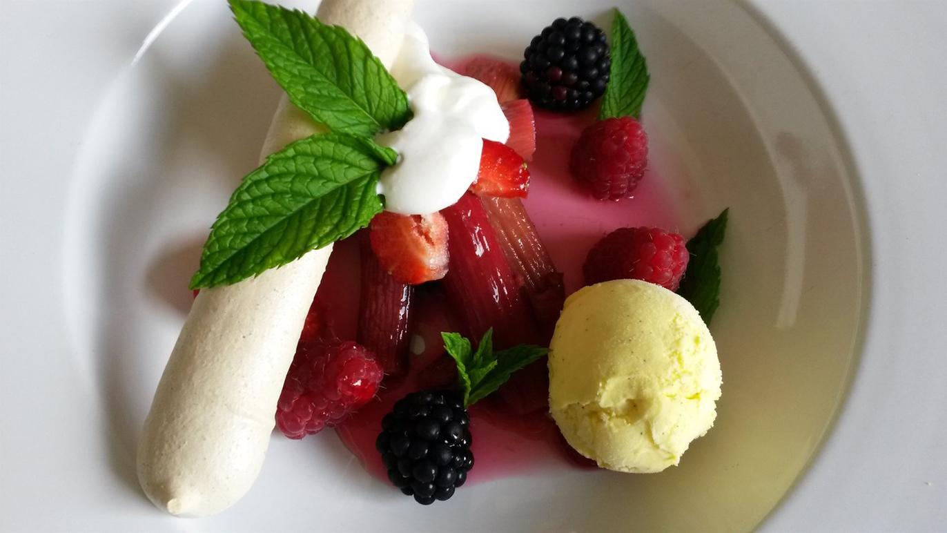 En desserttallerken med rabarber, bær, vaniljeis og flødeskum pyntet med mynteblade.