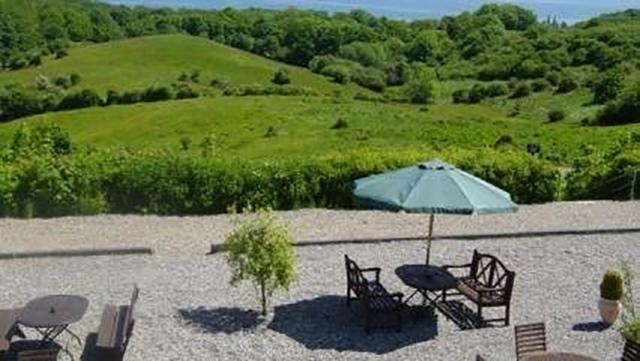 Udsigt over grønne bakker med en parasol og havemøbler på en grusbelagt terrasse.