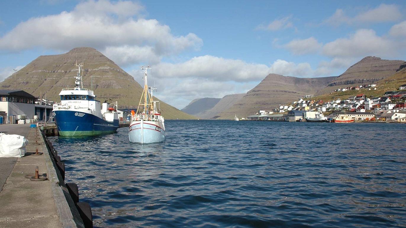 En havn med fiskerbåde, bjerge i baggrunden og en by med huse langs kysten under en blå himmel.
