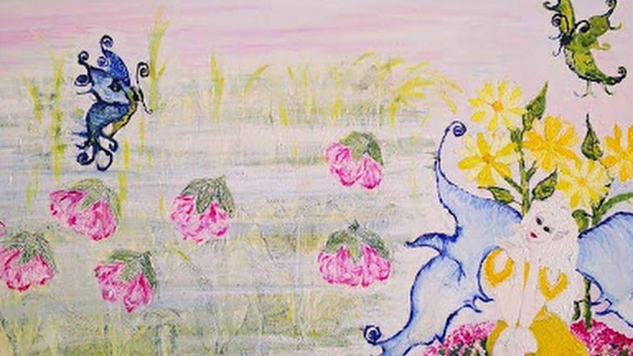 Farverig illustration af blomster, sommerfugle og en kat i en drømmende have.