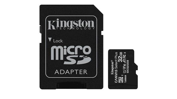 Et Kingston microSD-kort med adapter, der viser detaljeret design og mærkning.