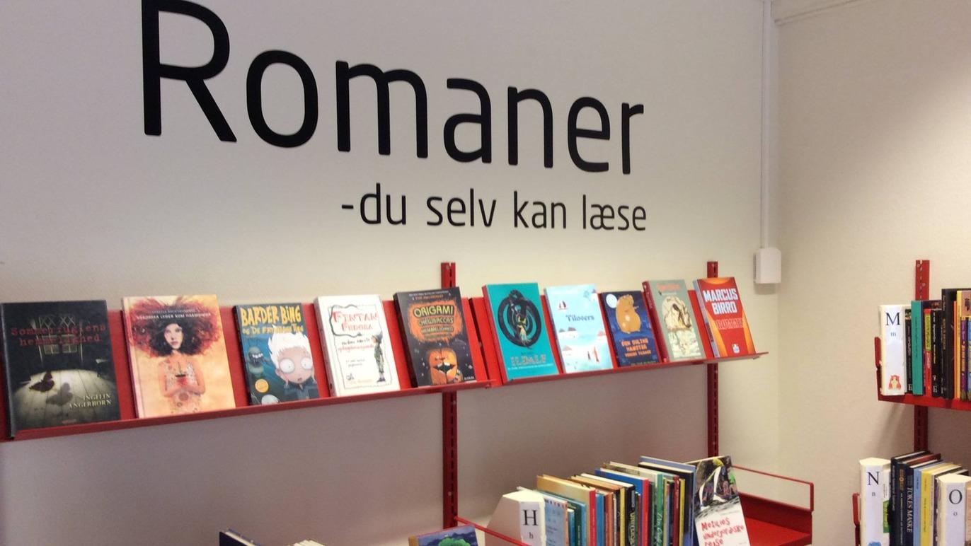 Billede af en bogreol med romaner og teksten "Romaner - du selv kan læse" på væggen.