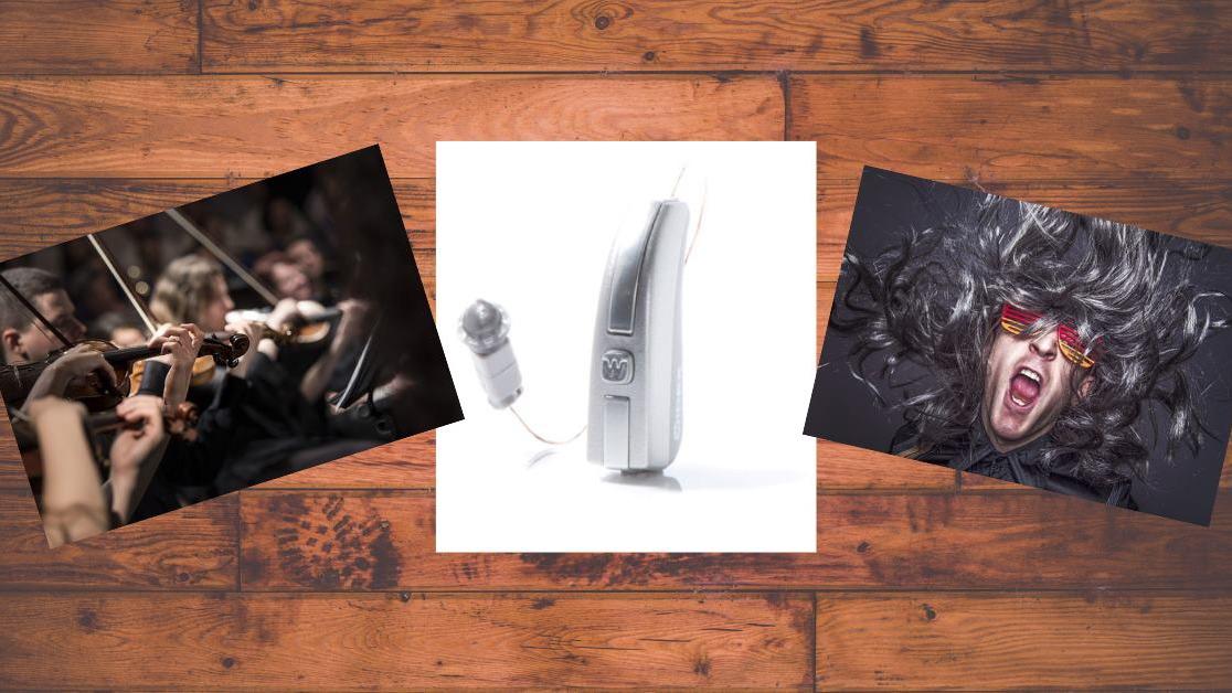 Billede af en mikrofon omgivet af musikere med violiner og en person med vildt hår og solbriller.