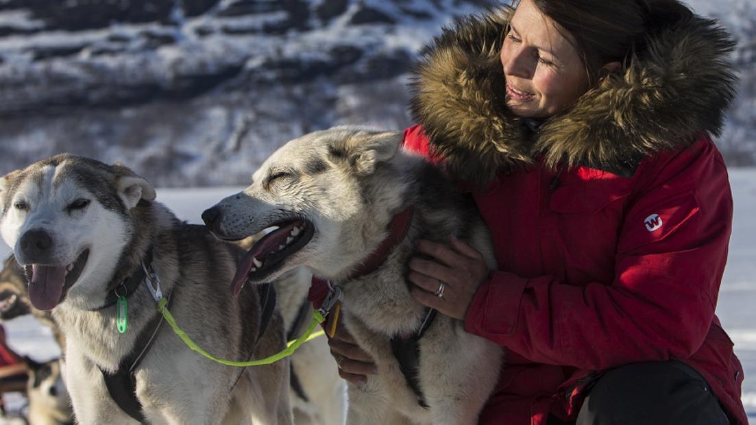En kvinde i rød jakke kæler med to slædehunde på en snedækket bjergside.