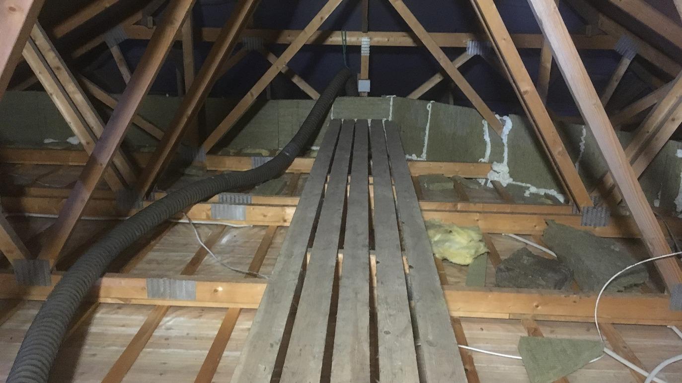 Billede af et loft med træbjælker, isolering og en slange, der strækker sig over gulvet.