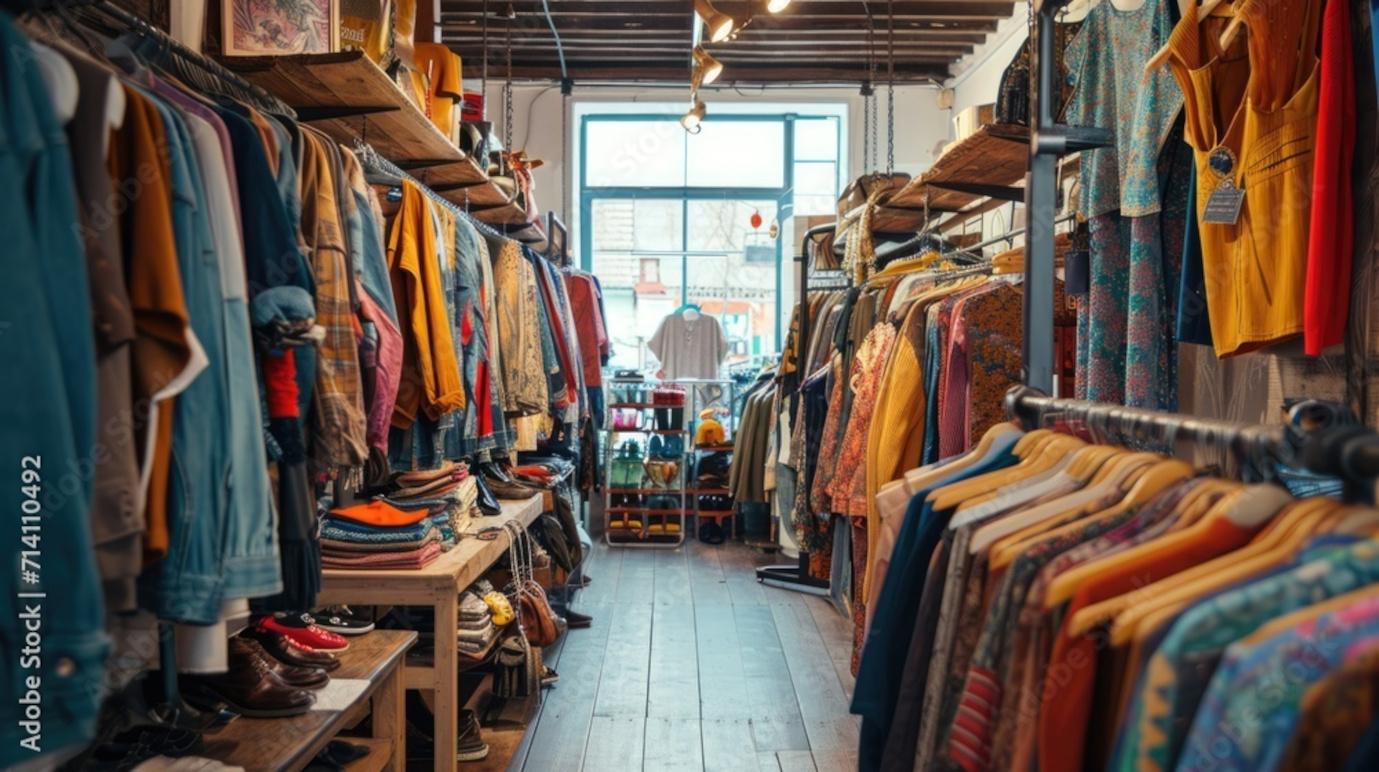 En farverig vintage tøjbutik med tøj og sko hængende på hylder og bøjler langs en træet gang.