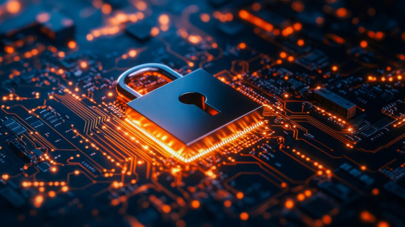 Et digitalt lås symboliserer cybersikkerhed på en kredsløbsplade med orange lys.