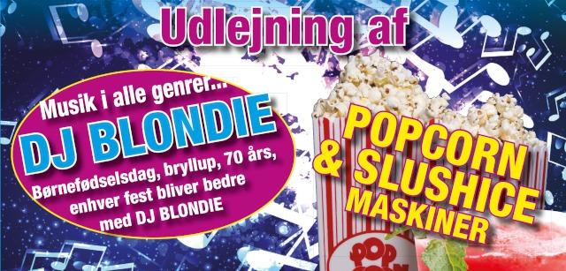 Udlejning af DJ Blondie til fester med popcorn og slushice maskiner, musik i alle genrer, fødselsdage og bryllupper.