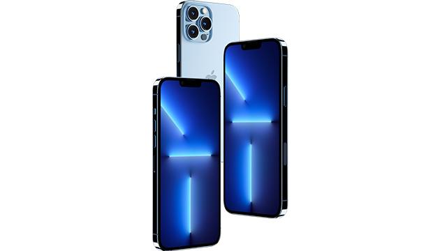 Tre smartphones i forskellige vinkler med blå skærme og moderne design.