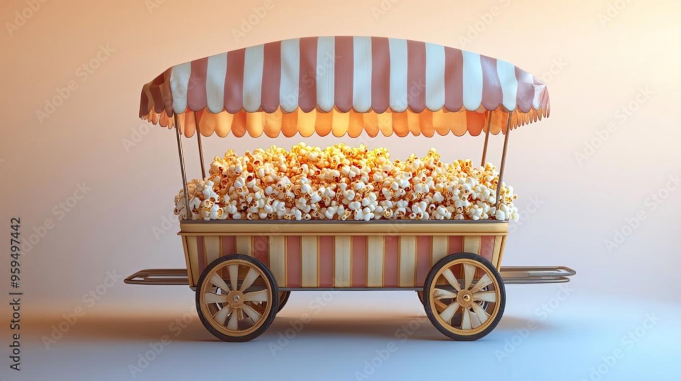 En popcornvogn med stribede telte fyldt med popcorn, placeret på en lys baggrund.