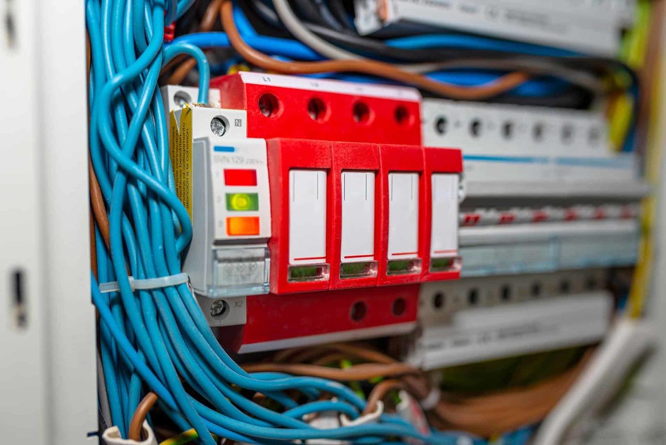 Nærbillede af en elektrisk tavle med farvede sikringer og ledninger i forskellige farver.