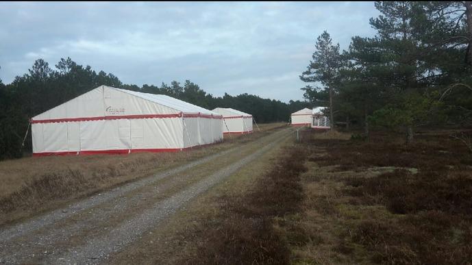 Teltlejr med flere store telte langs en grusvej omgivet af skov og lyng.