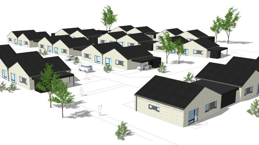 En 3D-visualisering af et boligområde med flere moderne huse og træer omkring.