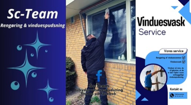En mand vasker et vindue som en del af vinduesvask service fra Sc-Team.