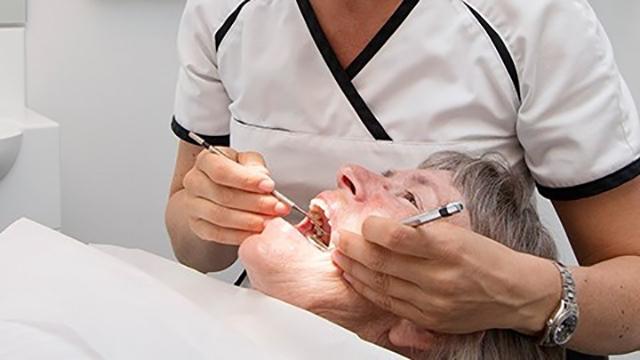 En tandlæge, der undersøger en ældre kvindes tænder i en tandklinik.