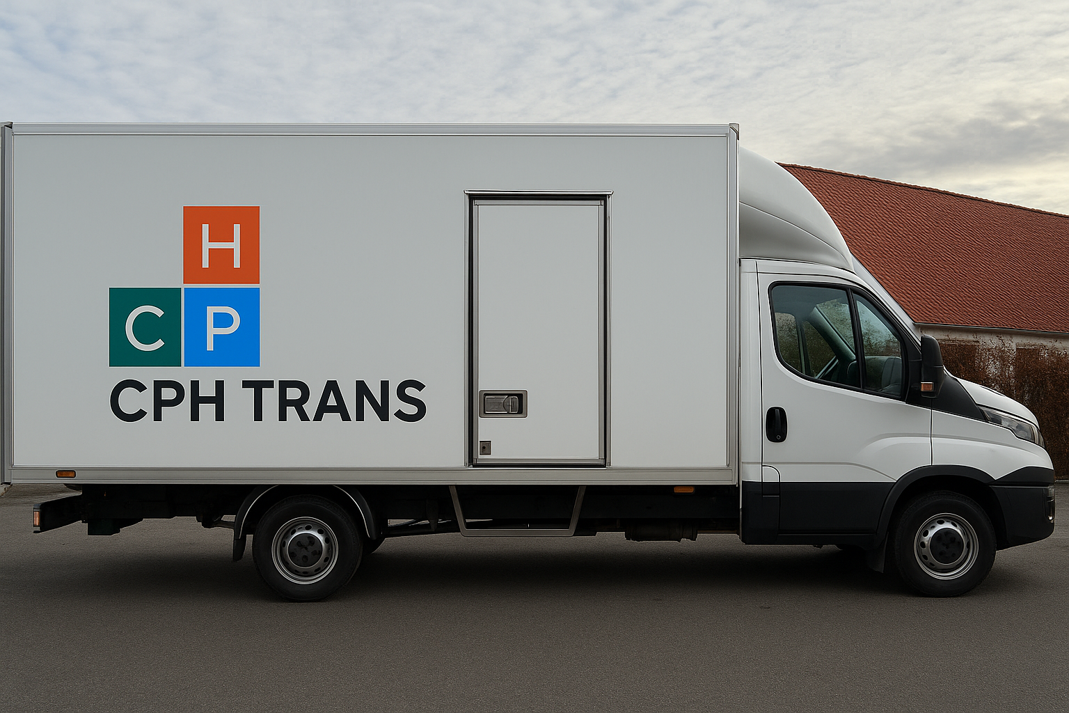 En hvid varevogn med logoet "CPH TRANS" på siden, parkeret på en asfaltvej.