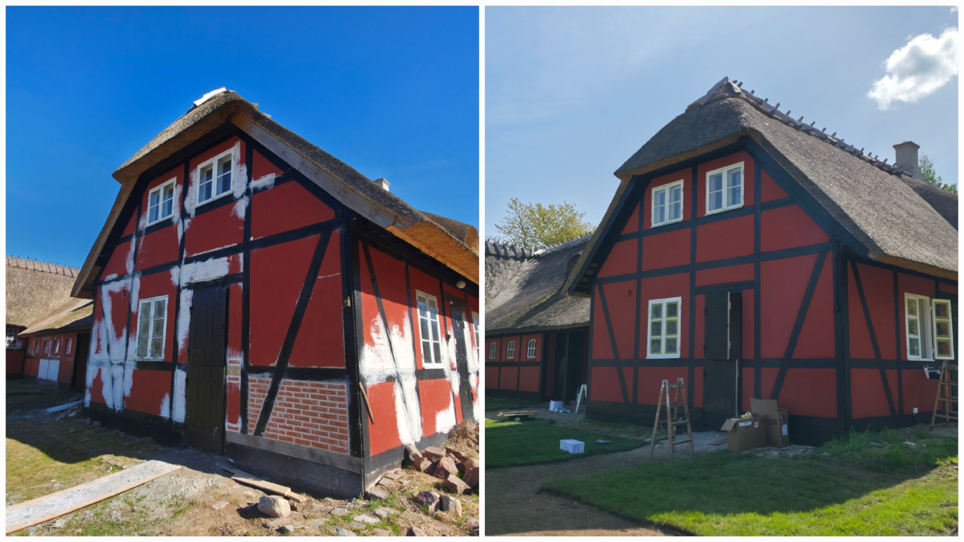 Renoveret bindingsværkshus med rød facade og stråtag, før og efter restaurering, beliggende i solrigt landskab.