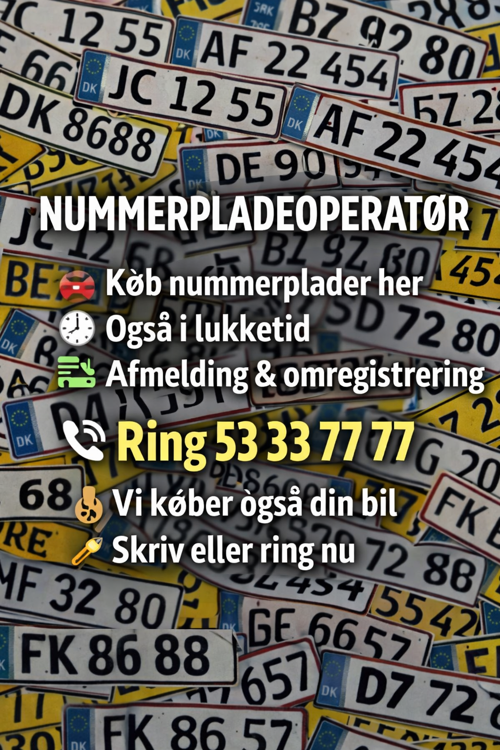 Nummerplader med tekst om køb, lukketid, afmelding og omregistrering samt kontaktinformation i en farverig baggrund.