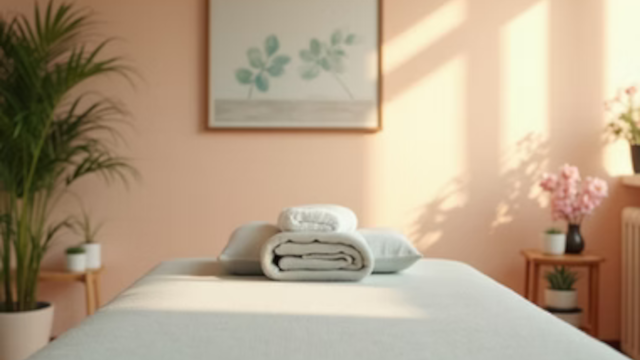 Et massagetæppe med rullede håndklæder, planter og en maleri i baggrunden i et lyst rum.