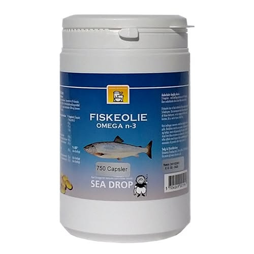 Fiskeolie kapsler med omega-3 i en hvid beholder med blå etikette og illustration af fisk.