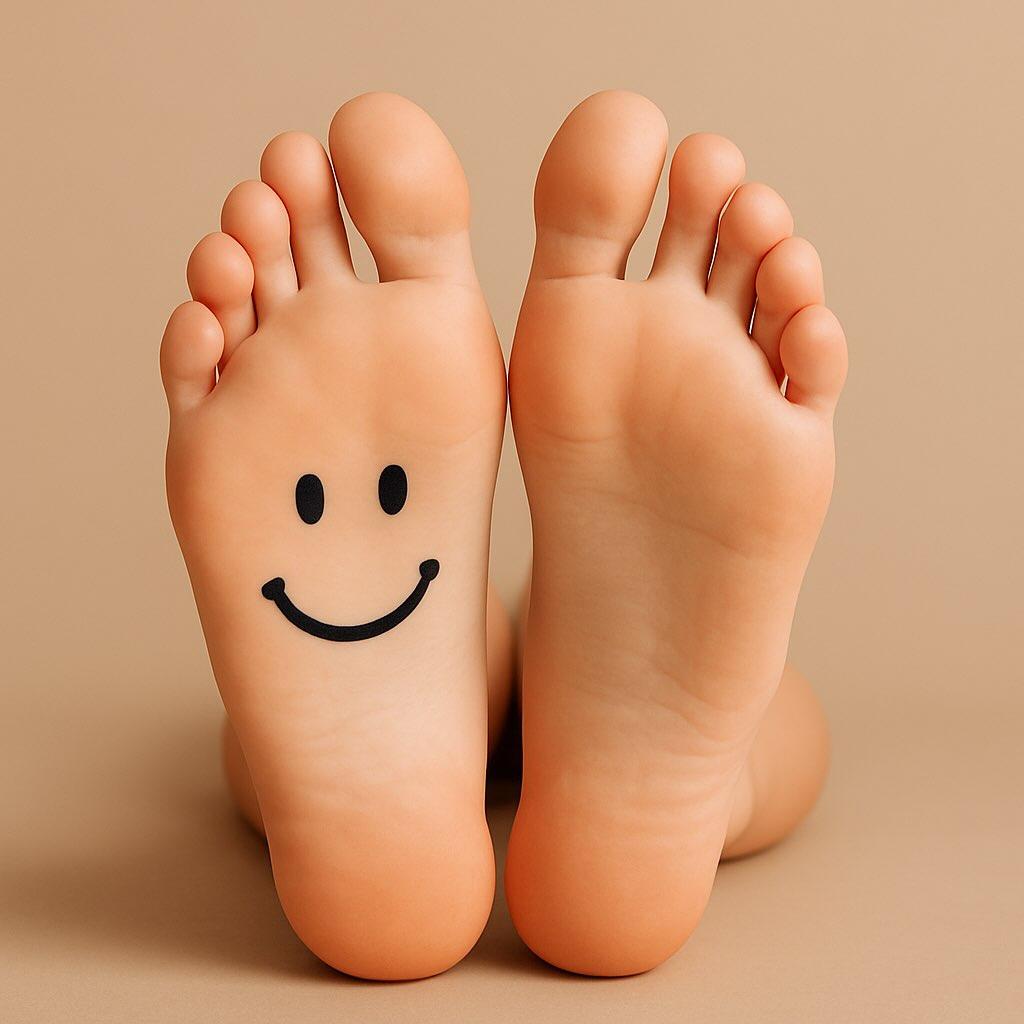 Toes with a smiley face drawn on the soles, resting on a beige baggrund.