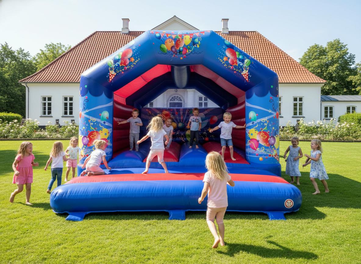 Børn hopper og leger på en oppustelig forlystelse i haven foran en stor hvid villa.