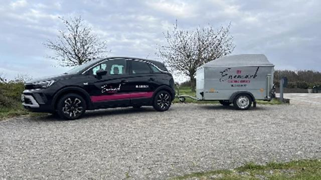 En sort bil med pink detaljer parkeret ved en grusvej med en trailer bagpå. Træer i baggrunden.
