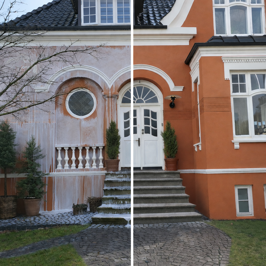 Renoveret hus med hvid facade til venstre og orange facade til højre, med trapper og planter foran.