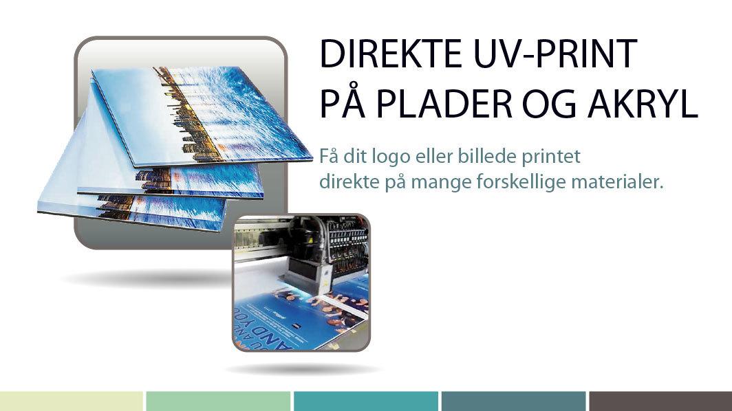 Direkte UV-print på plader og akryl med eksempler på trykte materialer og logoer.