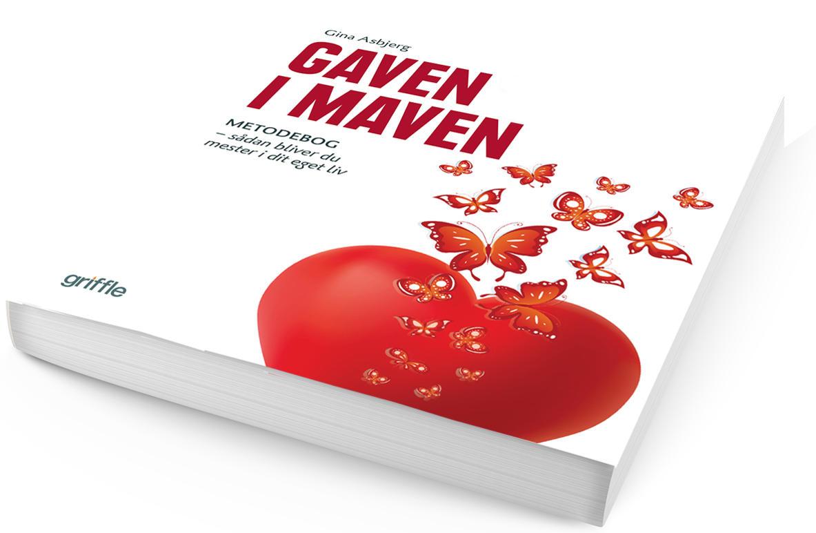 En bog med titlen "Gaven i maven" med en rød hjerteillustration og sommerfugle på omslaget.