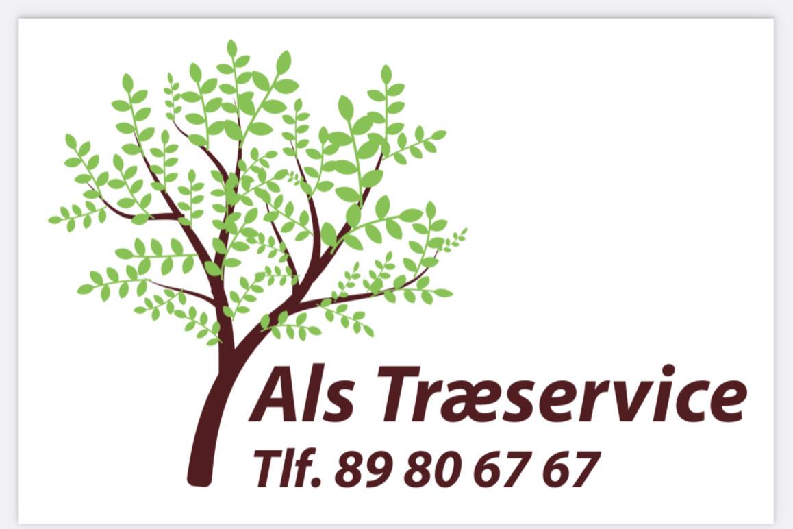 Logo for Als Træservice med et grønt træ og kontaktinformation.