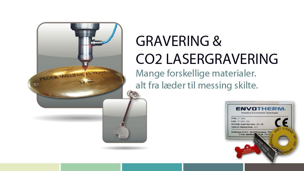 Gravering og CO2 laserggravering med forskellige materialer som metal, læder og messing.