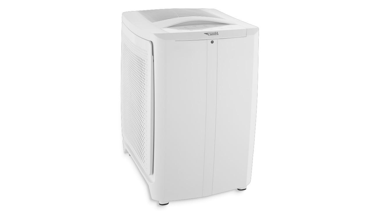 Hvid luftkonditioneringsenhed med en topåbning og ventilationsgitter på siden.