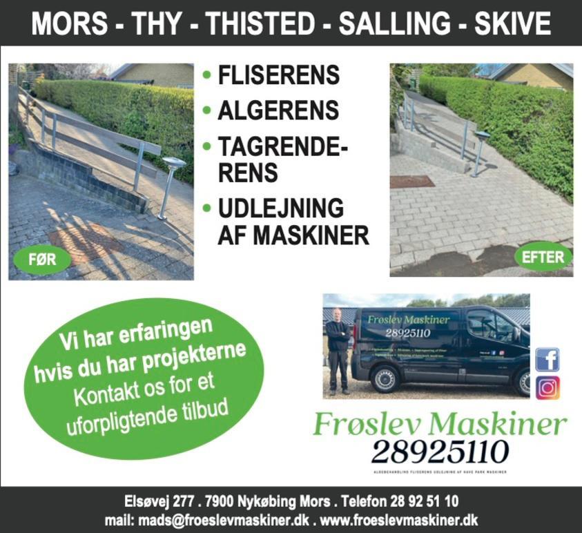 Billede af en reklame for Froeslev Maskiner med information om fliser, algerens og udlejning af maskiner.